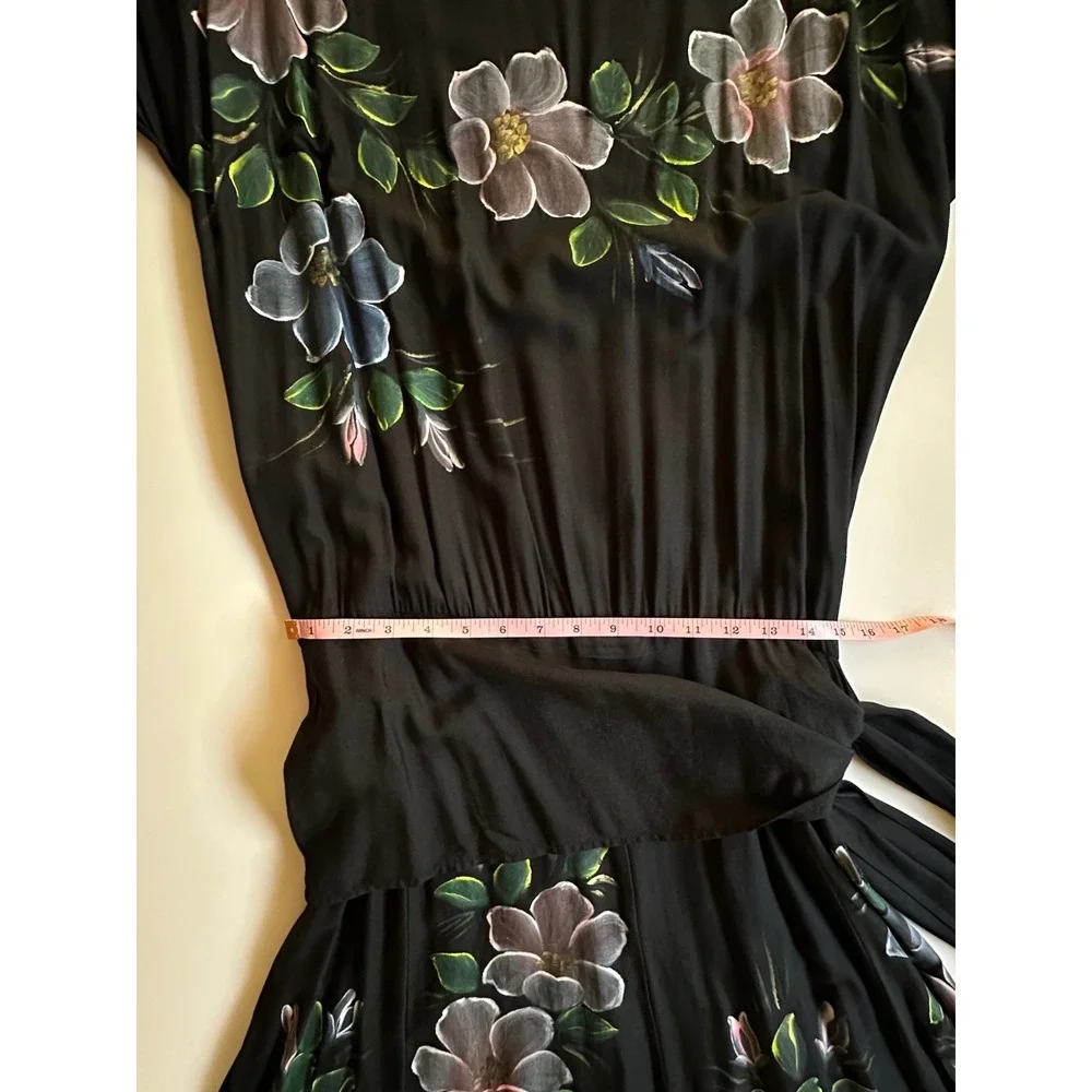 Phoenix‎ Vintage Hand Painted Floral Black Midi Dress Shoulder Pads Tie Waist OS